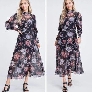 NWT En Saison Long Sleeve Floral Chiffon Midi Dress